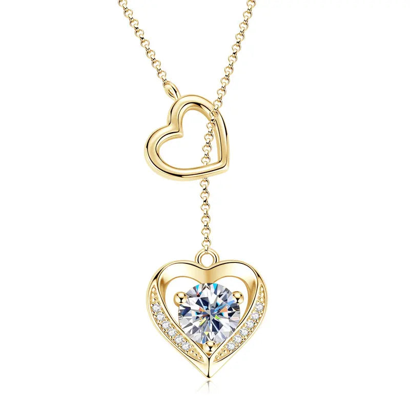 Heart Shaped Necklace Sterling Silver 925 6.5mm & 0.9mm Round Moissanite Double Heart Necklace Women's Fashion Y-Shaped Necklace