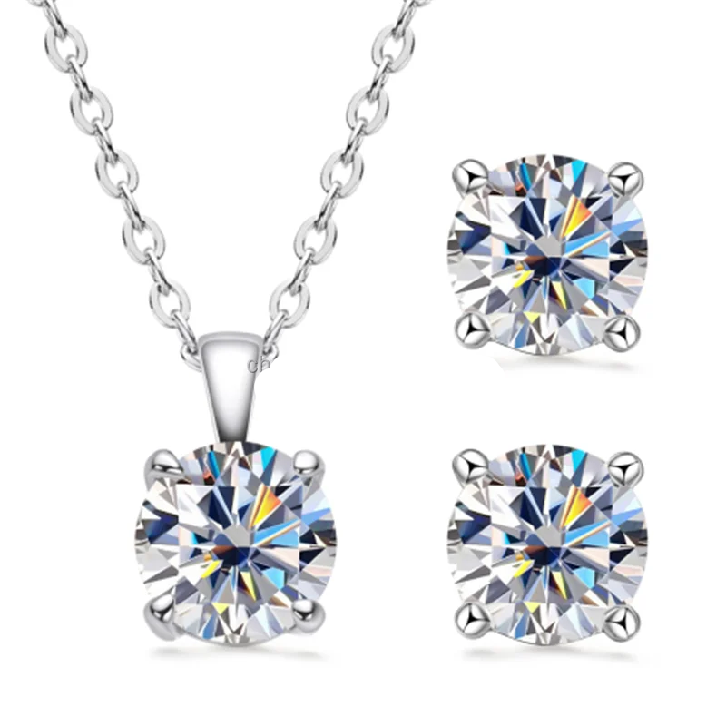 Chasau Wedding 925 Sterling Silver 6.5mm Round Oval Cut 1.0ct VVS Moissanite Earrings & Pendant Necklace Jewelry Set for Women
