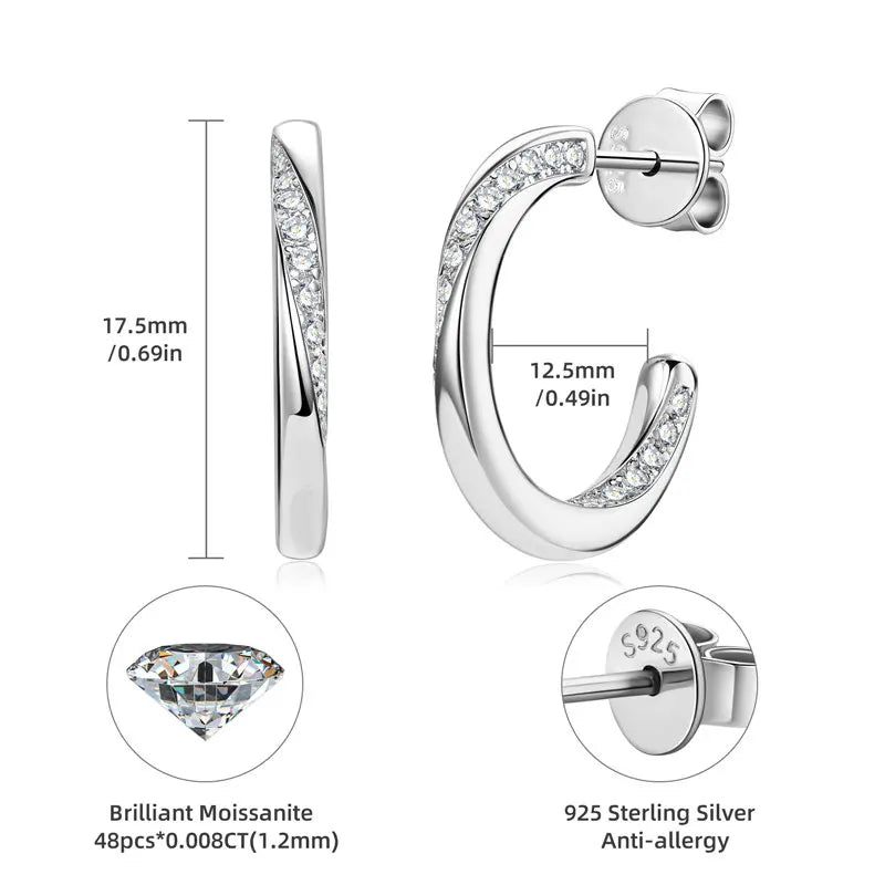 Trend Wedding Jewelry Round Cut 1.2mm Moissanite 925 Sterling Silver Half Hoop Earrings C Shape Earring for Women