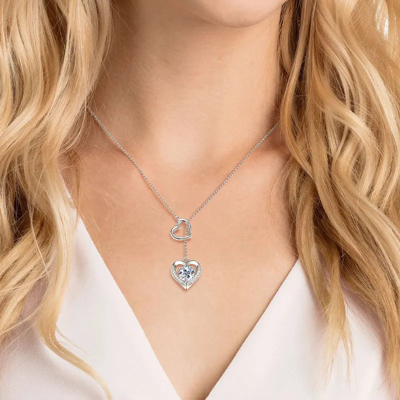 Heart Shaped Necklace Sterling Silver 925 6.5mm & 0.9mm Round Moissanite Double Heart Necklace Women's Fashion Y-Shaped Necklace
