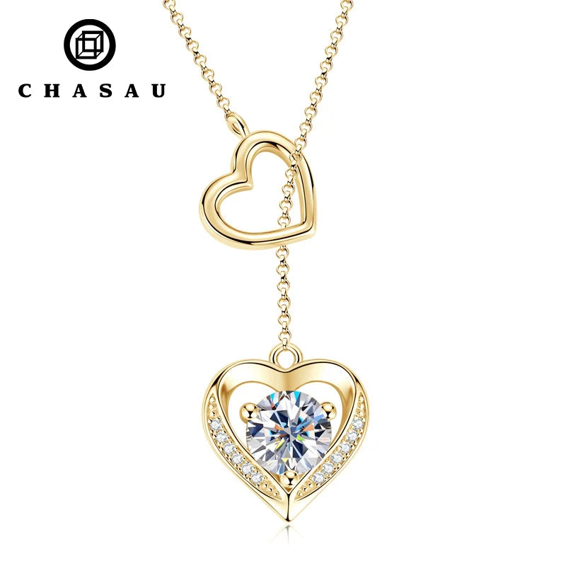 Heart Shaped Necklace Sterling Silver 925 6.5mm & 0.9mm Round Moissanite Double Heart Necklace Women's Fashion Y-Shaped Necklace