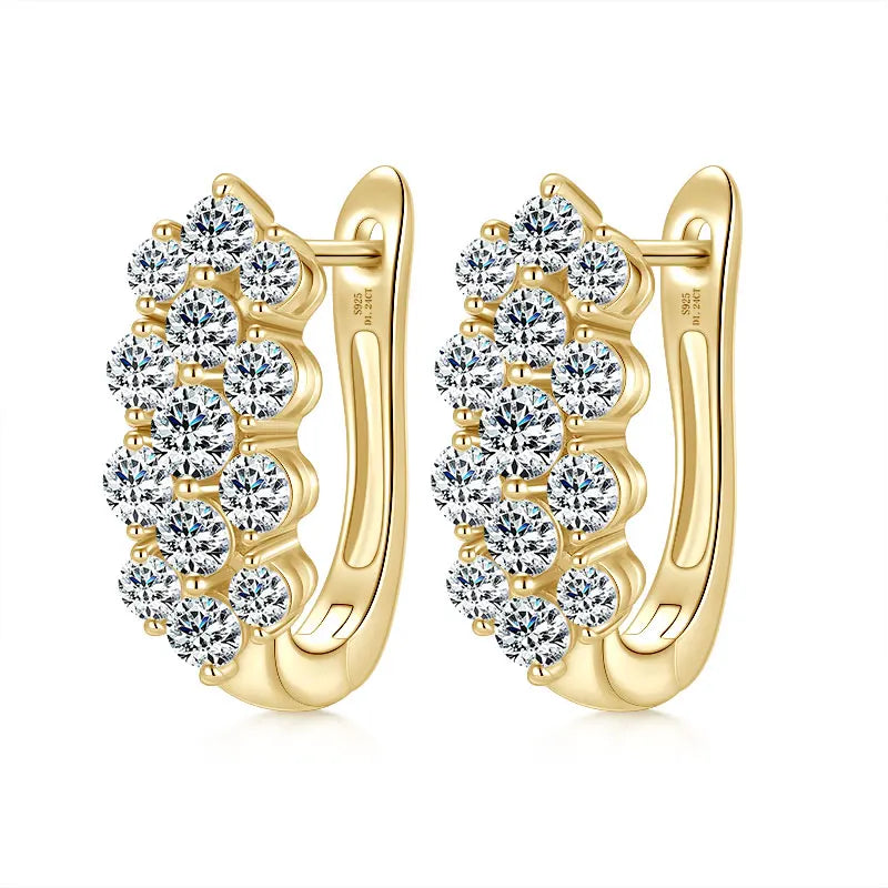925 Silver Cluster Round Cut 3.5mm&3mm&2.5mm Moissanite Women Cluster Three Row U-Shaped Fashion Hoop Huggie Earrings for Women