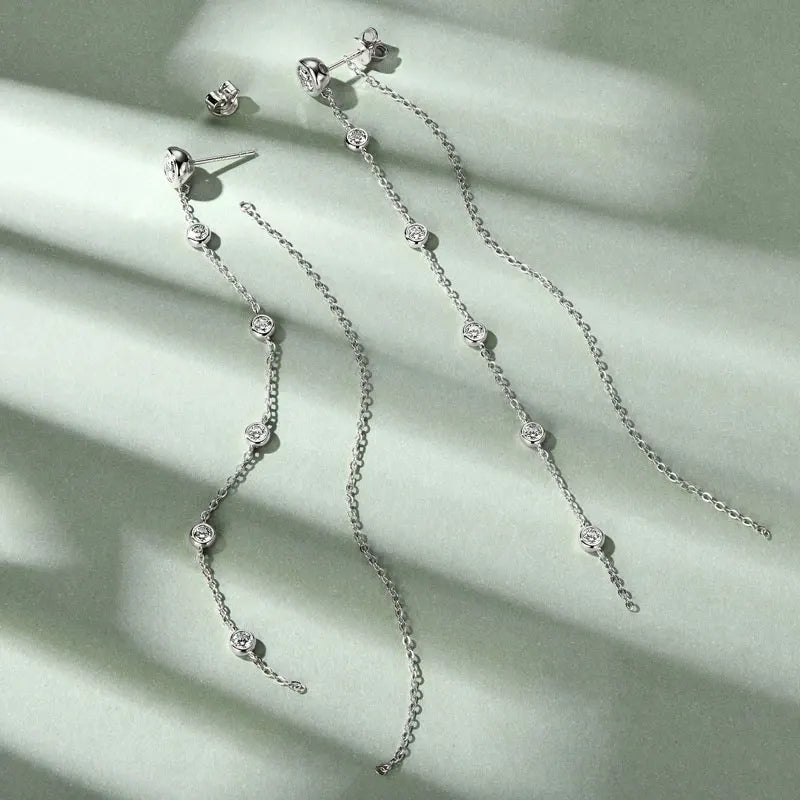 Minimalist Thin Chain Long Tassel 925 Sterling Silver Round Cut 5mm 3mm 2 Carat VVS1 Moissanite Jewelry Drop Earrings