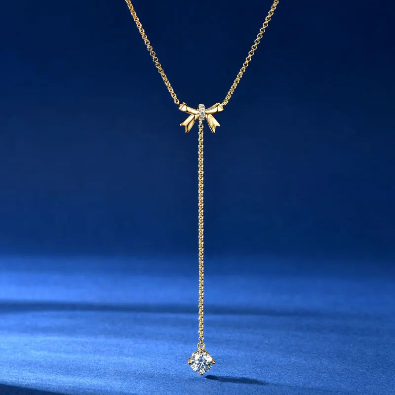 Unique Style 925 Silver 6.5mm 1ct & 1.5mm Round Moissanite Fashion Ladies Y Shape Bow Adjustable Y Lariat Butterfly Necklace