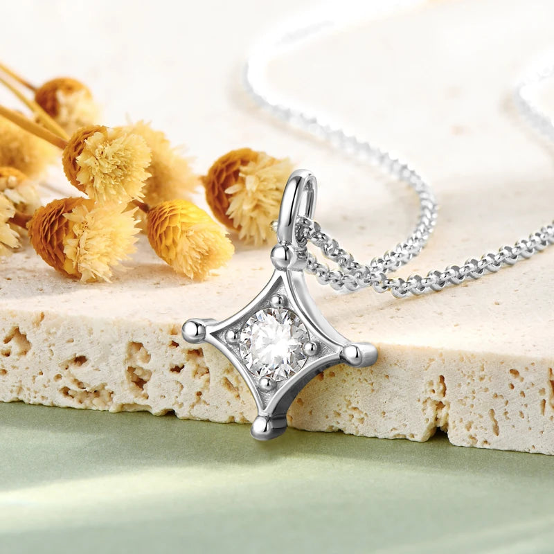 Real Moissanite Star Pendant Diamond Necklace 5.0mm Round Four Pointed Star Charm Necklace Silver 925 Original Jewelry