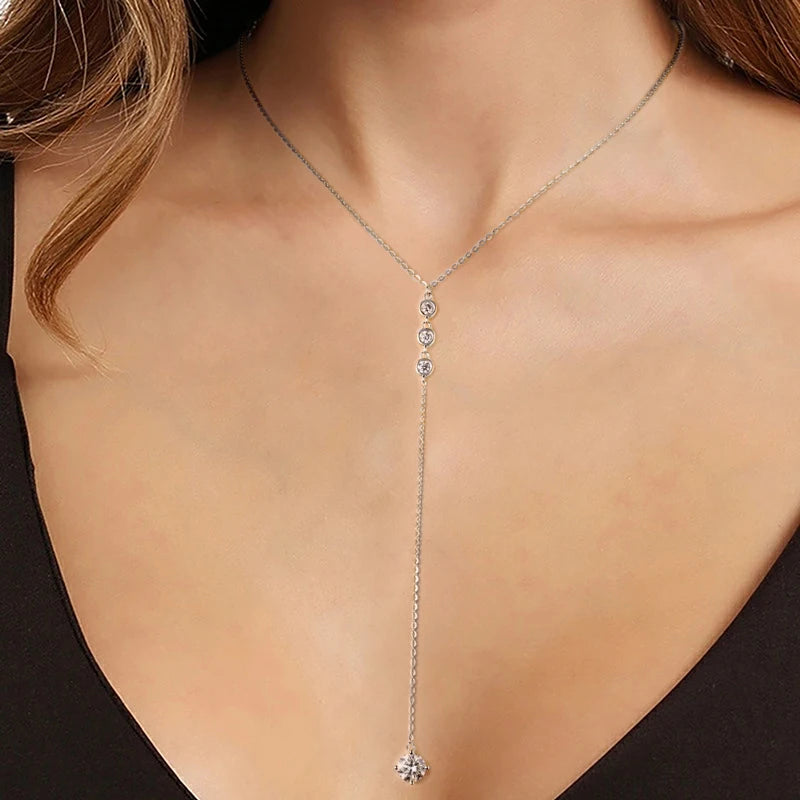 Women Jewelry Certificate 925 Sterling Silver Long Thin Chain 6.5mm&3mm D Color Y Shape Moissanite Diamond Necklace