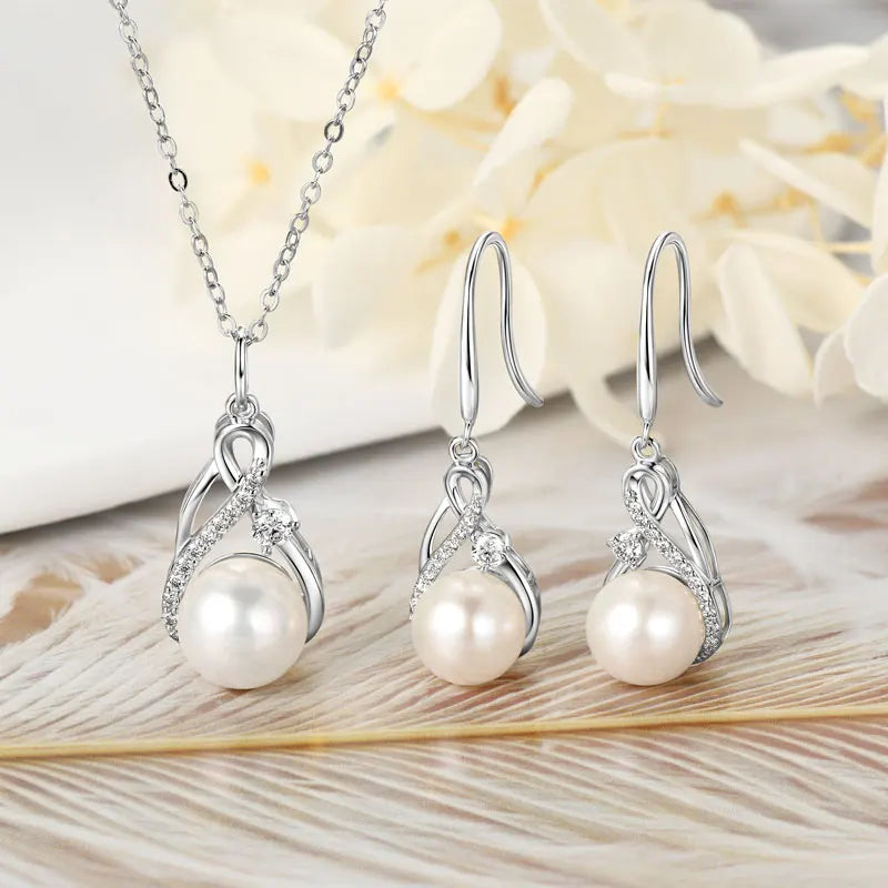 Hot Selling Exquisite Fashion 8-8.5mm 9.5-10mm Bread-shaped Pearl Infinity Earring Pendant Necklace Jewelry Set for Women Gift