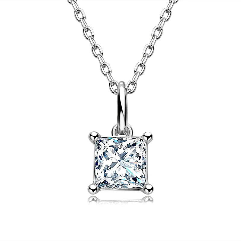 Original Silver 925 Chain Square 1ct 1.0ct Princess Cut 1 Carat 6.5mm Moissanite S925 Sterling Silver Pendant Necklace