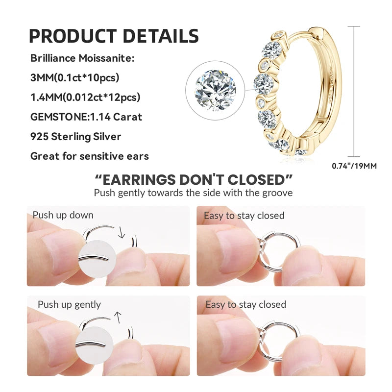 2024 925 Sterling Silver Round Cut Moissanite 1.4mm 3mm S925 Hoop Earrings for Women Chunky French Chic Fashion Jewelry Ear Ring