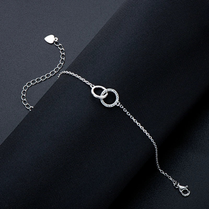 Geometric Round Casual 925 Sterling Silver Pave 1mm 0.005ct Moissanite Double Circle Eternity Sister Bolo Bracelet