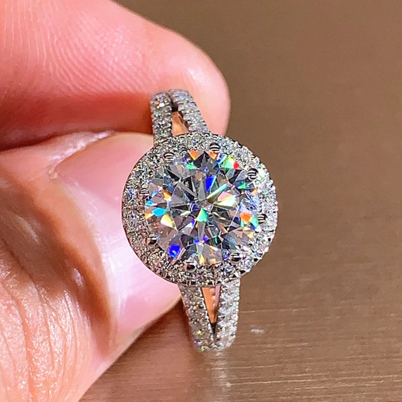 925 Silver 6.5mm 1.0ct 8mm 2.0ct Moissanite Round Halo Split Shank Wedding & Engagement Ring for Women