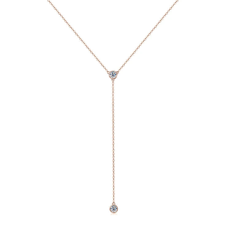 925 Sterling Silver Y-Shaped Tassel Pendant Necklace with 4mm 0.3CT Round Cut Moissanite Simple Bezel Setting