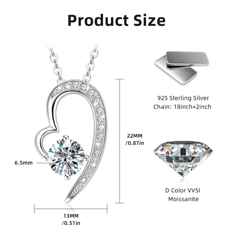 Romantic S925 Sterling Silver Heart Shaped Love Pendant Fashionable Luxury 1 Carat 6.5mm Moissanite Jewelry Wedding Necklace