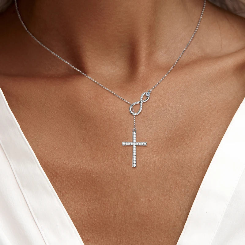 925 Silver Round Cut 2.5mm&1.8mm&1.7mm&1.5mm&1mm Moissanite Y Lariat Infinity Necklace Faith Hope Love Cross Pendant Necklace