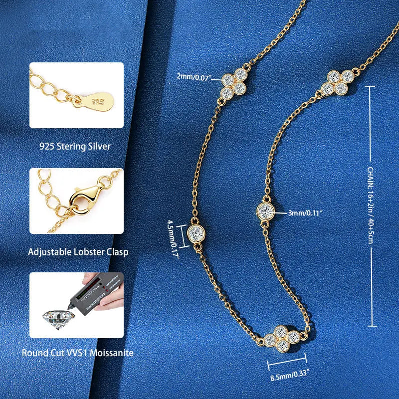 2024 New Trendy 925 Sterling Silver 3mm&2mm Round Cut Moissanite Stone Four Leaf Clover Choker Necklace for Women