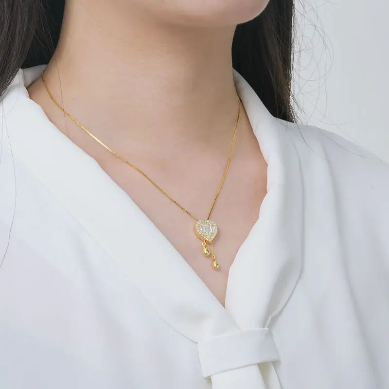 Movable Style 925 Silver Long Square Car 2x4mm & Round 1.8mm 1.5mm Moissanite Adjustable Fringe Heart Lariat Necklace