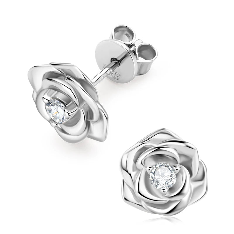 Chasau 925 Sterling Silver VVS D Round Cut 3mm 0.1ct Moissanite White Pink Three Claw Single Stone Rose Flower Stud Earrings