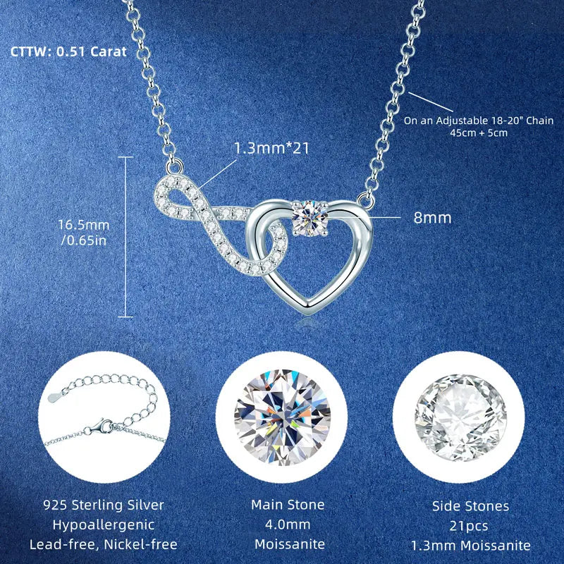 Wholesale Hot Selling Jewelry 925 Silver 4mm&1.3mm Moissanite Infinity Heart Shaped Wedding Pendant Necklace for Women