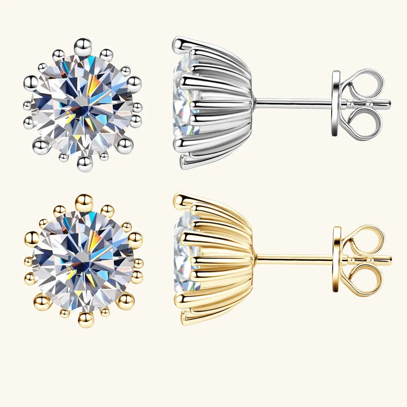 New Arrivals Women Luxury Gold Plated 925 Sterling Silver 8mm 2.0ct VVS1 Moissanite Stud Earrings with Gra Certificate