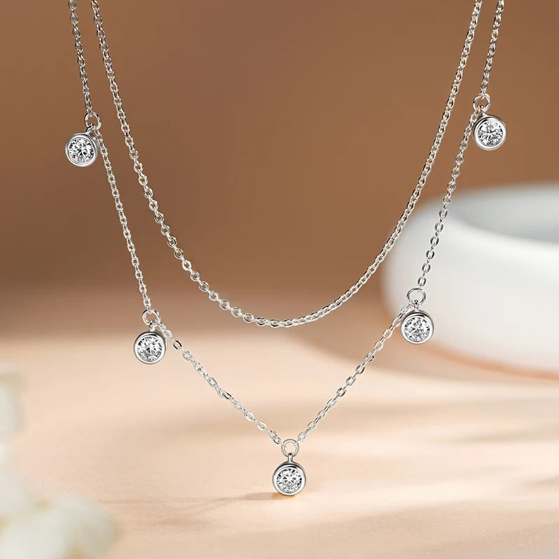 Original 925 Silver Fine Jewelry 4mm 1.5cttw Round VVS1 Moissanite Diamond Layered Necklace Double Silver Chain for Women