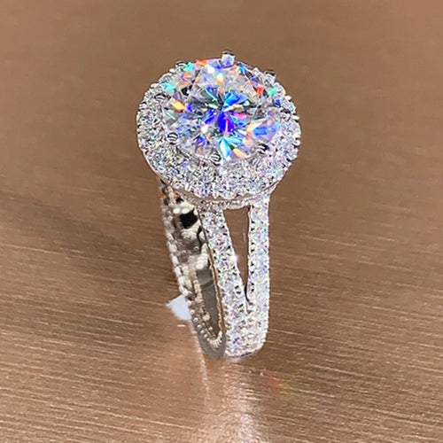 925 Silver 6.5mm 1.0ct 8mm 2.0ct Moissanite Round Halo Split Shank Wedding & Engagement Ring for Women