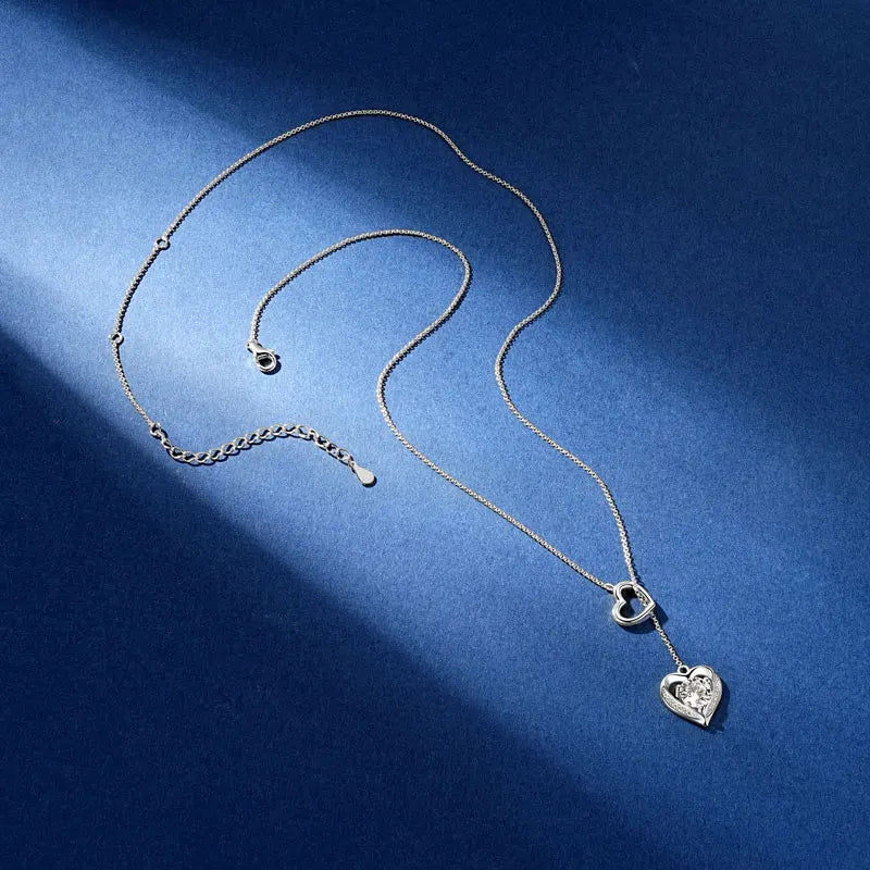 Heart Shaped Necklace Sterling Silver 925 6.5mm & 0.9mm Round Moissanite Double Heart Necklace Women's Fashion Y-Shaped Necklace
