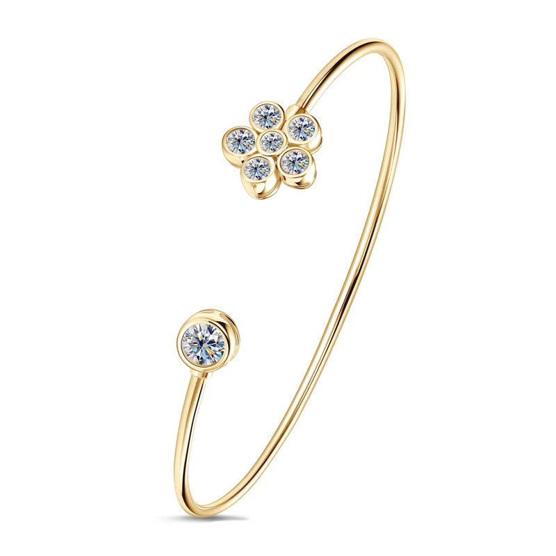 925 Sterling Silver Wrist Jewelry Gift Adjustable Flower Cuff Bracelet Exquisite Bezel Moissanite Bangles for Women Girls