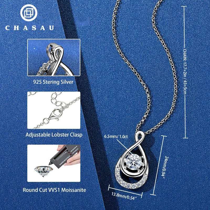 Luxurious Jewelry 925 Sterling Silver Necklaces 6.5mm 1.0 Carat Moissanite Waterdrop Infinity Pendant Necklace for Women