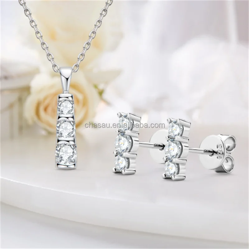 Chasau 925 Sterling Silver 1.0CT Cross Princess Cut Black Moissanite Earrings Pendant Necklace Set for Women and Girls