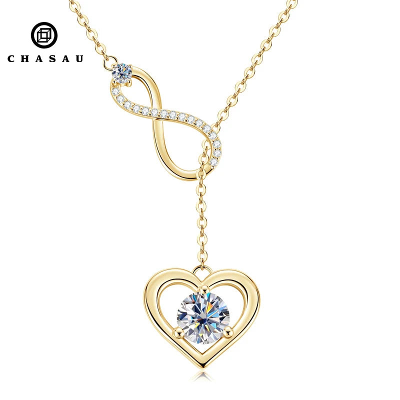 Fashion Heart Women Unlimited Y Necklace 925 Silver Round Cut 6.5mm&2.5mm&1mm Moissanite Y Lariat Infinite Love Pendant Necklace
