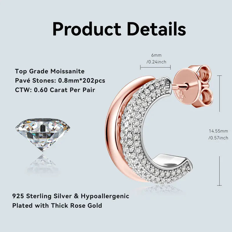 Unique 925 Sterling Silver CTW 0.60 Carat D Color VVS1 0.8mm Moissanite Half Open Hoop Earring for Women With GRA Certified