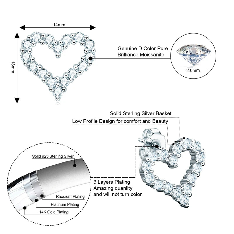 Chasau Fine Jewelry 925 Sterling Silver Moissanite Heart Earrings Pendant Necklace Jewelry Set for Women