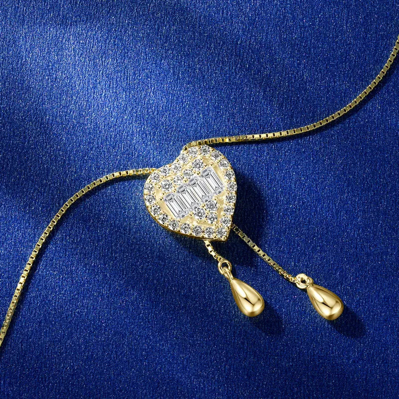 Movable Style 925 Silver Long Square Car 2x4mm & Round 1.8mm 1.5mm Moissanite Adjustable Fringe Heart Lariat Necklace