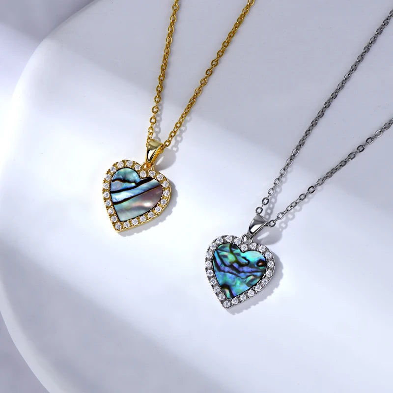 Fashion Pendant Jewelry 925 Sterling Silver Pave Round 1.2mm Moissanite & 10mm Heart Abalone Shell Pendant Necklace