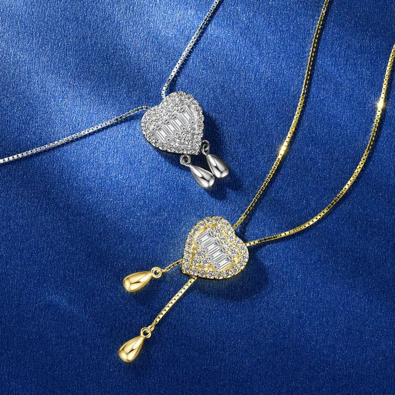 Movable Style 925 Silver Long Square Car 2x4mm & Round 1.8mm 1.5mm Moissanite Adjustable Fringe Heart Lariat Necklace
