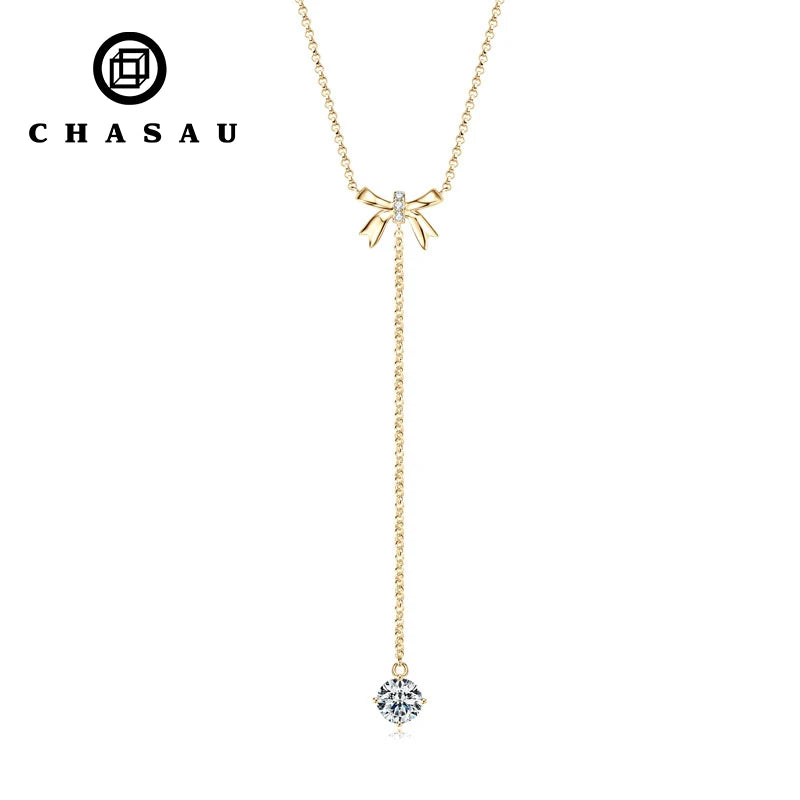 Unique Style 925 Silver 6.5mm 1ct & 1.5mm Round Moissanite Fashion Ladies Y Shape Bow Adjustable Y Lariat Butterfly Necklace