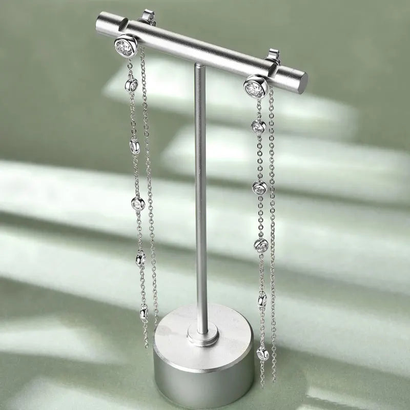 Minimalist Thin Chain Long Tassel 925 Sterling Silver Round Cut 5mm 3mm 2 Carat VVS1 Moissanite Jewelry Drop Earrings