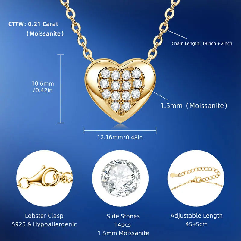 Wedding 925 Silver D0.21CT Round D Color VVS1 Moissanite Full Diamond Heart Pendant Heart Shape Pendant Necklace for Women
