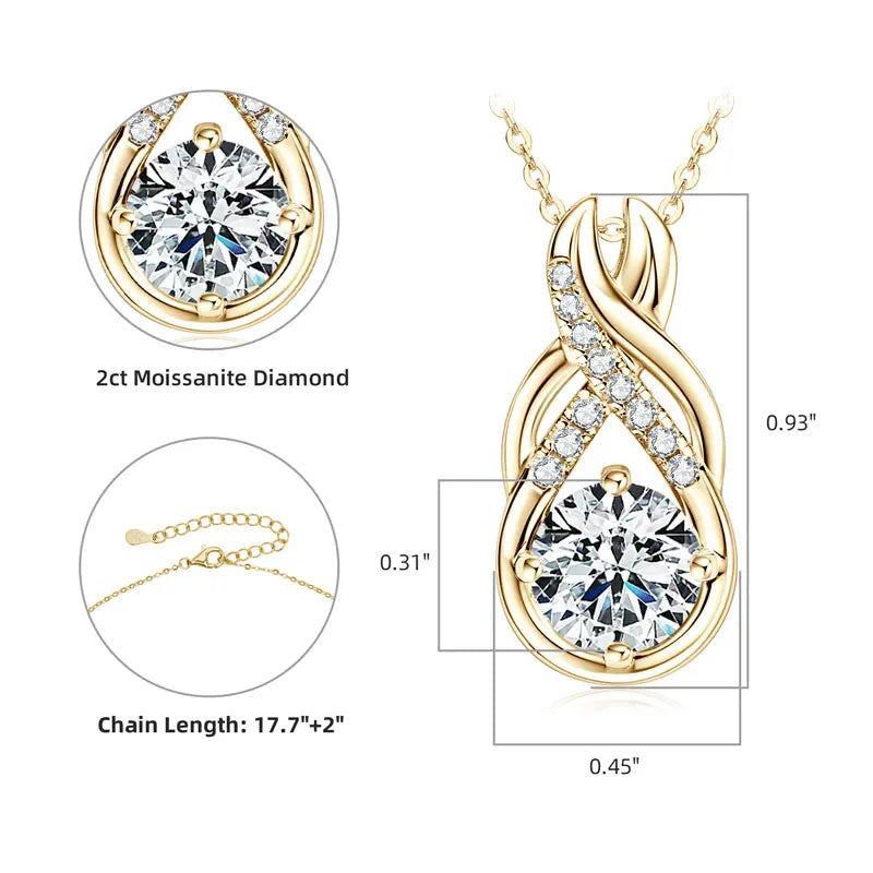Luxury Classic Engagement 925 Sterling Silver 8mm&1.5mm&1.4mm&1.3mm Round Cut 2CT Moissanite Diamond Infinity Pendant Necklace