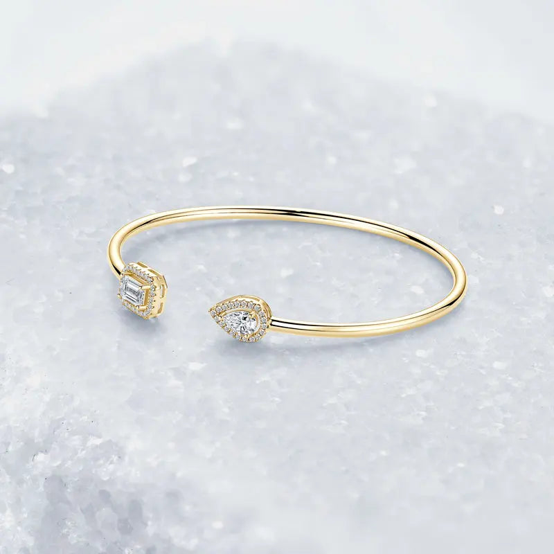 Classic 925 Silver Twin Pear Shaped 4x6mm 0.50ct 4x6mm 0.80ct Emerald Cut Moissanite Open Cuff Bangle Fashion Bracelet for Women