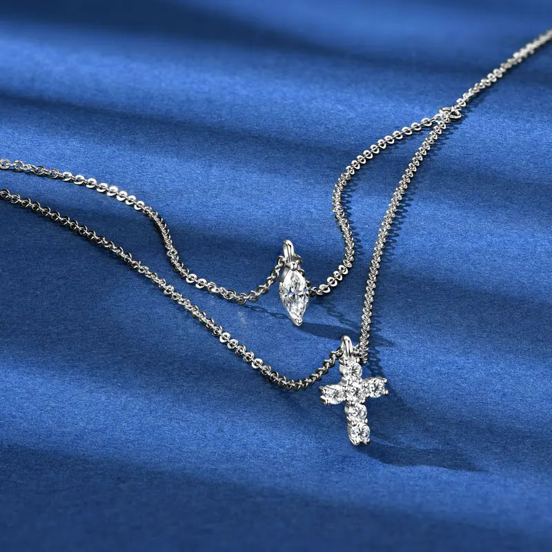 New Arrivals Fashionable Double Layer 925 Silver Necklace for Ladies 3x6mm Marquise Cut 2mm Moissanite Cross Moissanite Necklace