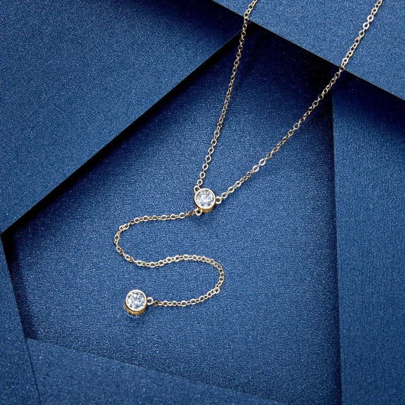 925 Sterling Silver Y-Shaped Tassel Pendant Necklace with 4mm 0.3CT Round Cut Moissanite Simple Bezel Setting