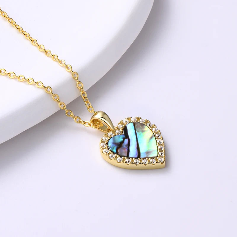 Fashion Pendant Jewelry 925 Sterling Silver Pave Round 1.2mm Moissanite & 10mm Heart Abalone Shell Pendant Necklace