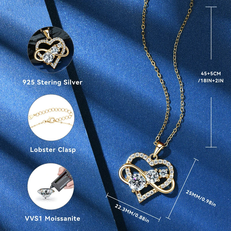 Fashion Jewelry 925 Sterling Silver Infinite Love Heart Pendant Necklace Round Moissanite Ladies Necklaces for Women