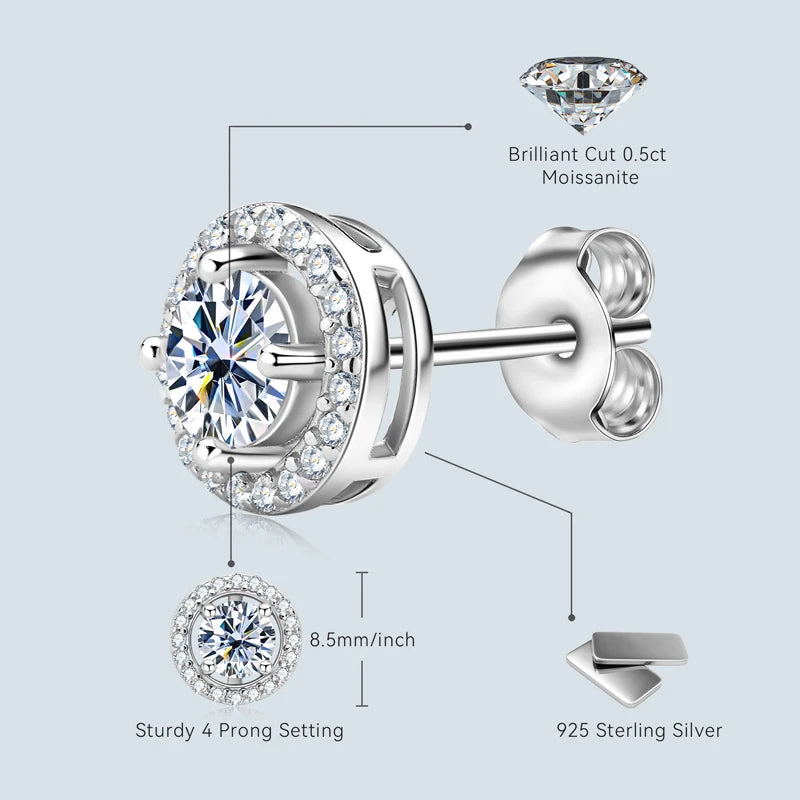 Most Popular 18K White Gold Plated 925 Silver Round Cut Classic 5mm 0.5ct Moissanite Halo Stud Earrings for Women Men