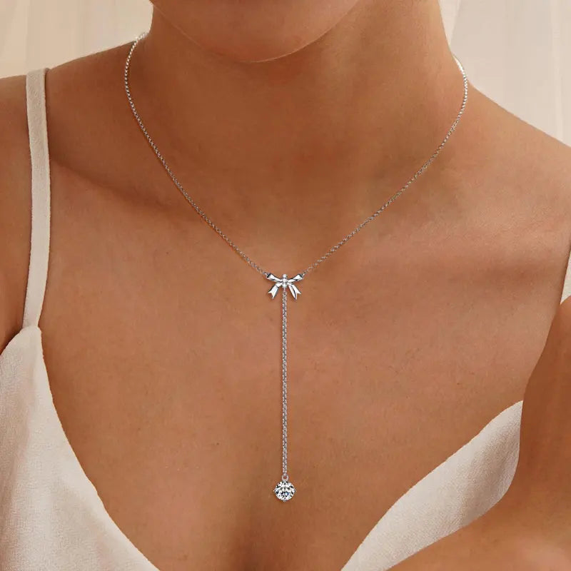 Unique Style 925 Silver 6.5mm 1ct & 1.5mm Round Moissanite Fashion Ladies Y Shape Bow Adjustable Y Lariat Butterfly Necklace