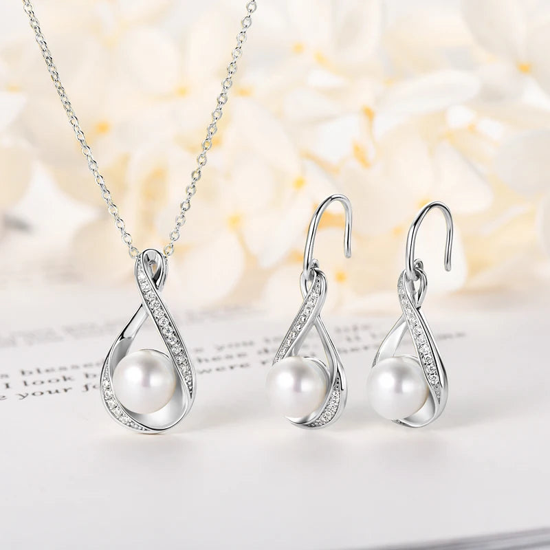 Chasau 925 Sterling Silver Moissanite Freshwater Pearl Jewelry Set Bread-Shaped Infinity Pendant Necklace Earrings for Gift
