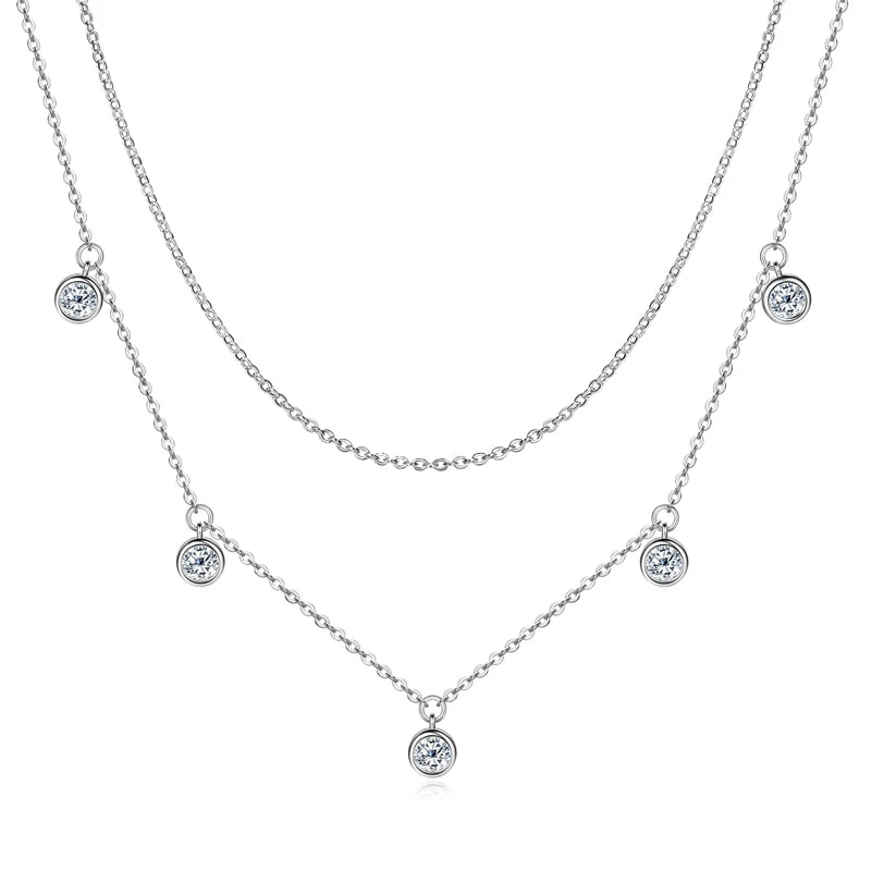 Original 925 Silver Fine Jewelry 4mm 1.5cttw Round VVS1 Moissanite Diamond Layered Necklace Double Silver Chain for Women