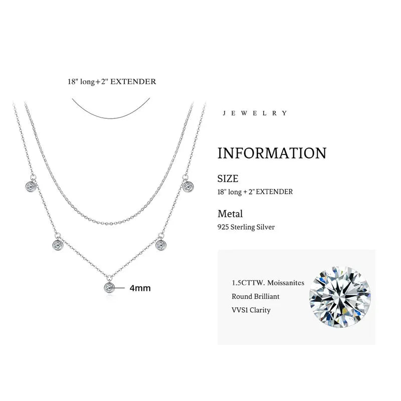 Original 925 Silver Fine Jewelry 4mm 1.5cttw Round VVS1 Moissanite Diamond Layered Necklace Double Silver Chain for Women