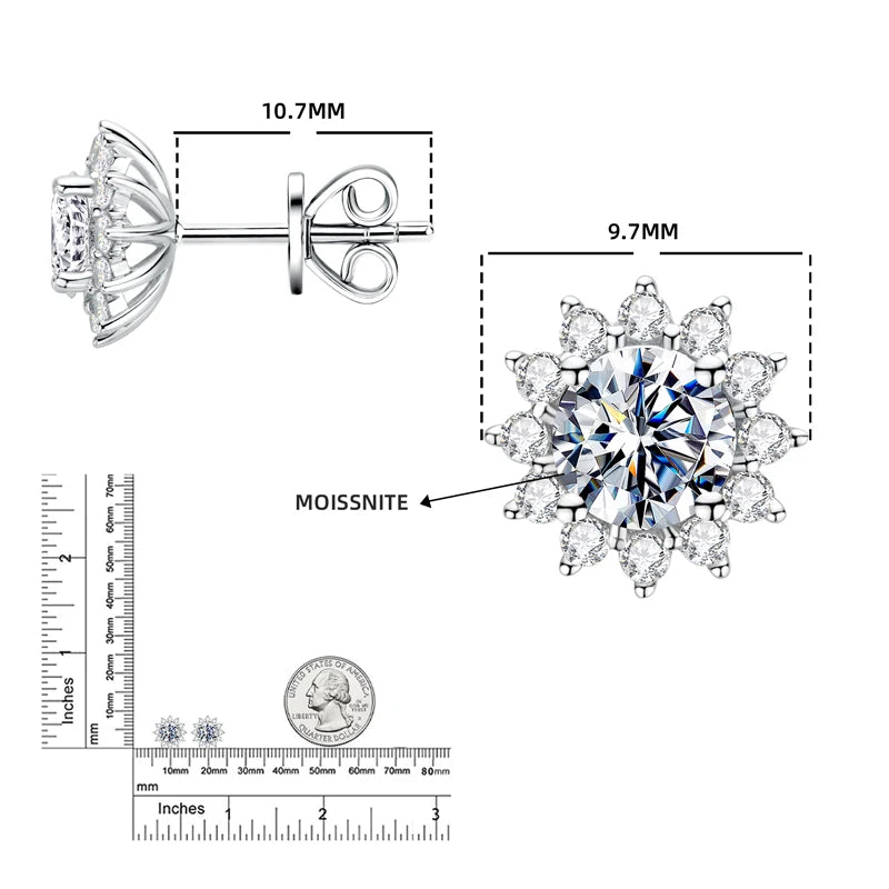 Fashionable S925 Sterling Silver Diamond 925 Silver Round Cut VVS Moissanite 5.0mm Sun Flower Stud Earrings Jewelry for Woman